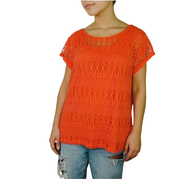 Chicos Coral Peach Open Knit Crochet Blouse Short Sleeve 2 Small Boho Causal - Picture 4 of 5